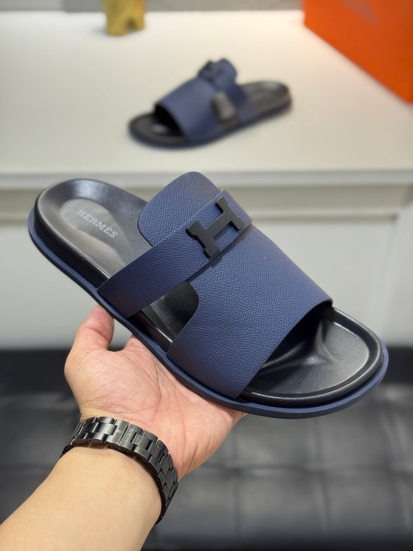 HM Oran H Noir Buckle Slippers in Navy Blue  Cowhide 735257