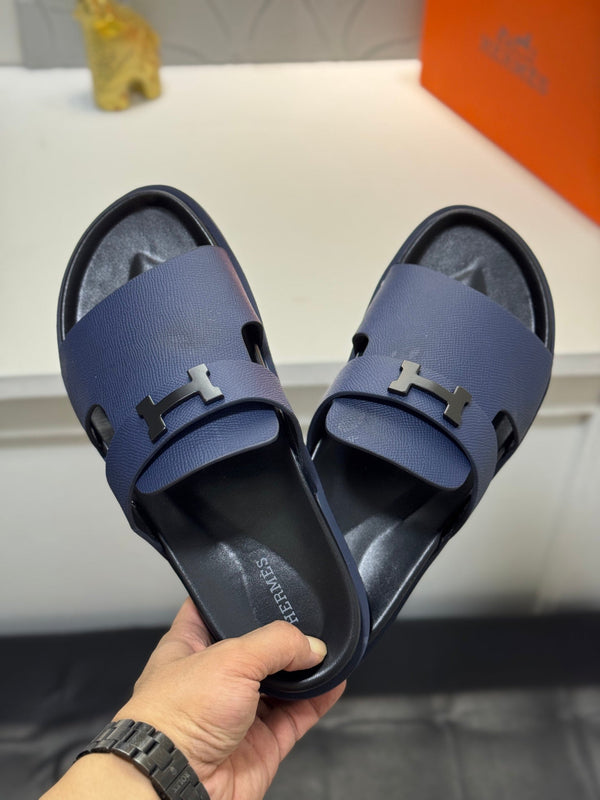 HM Oran H Noir Buckle Slippers in Navy Blue Cowhide 735257