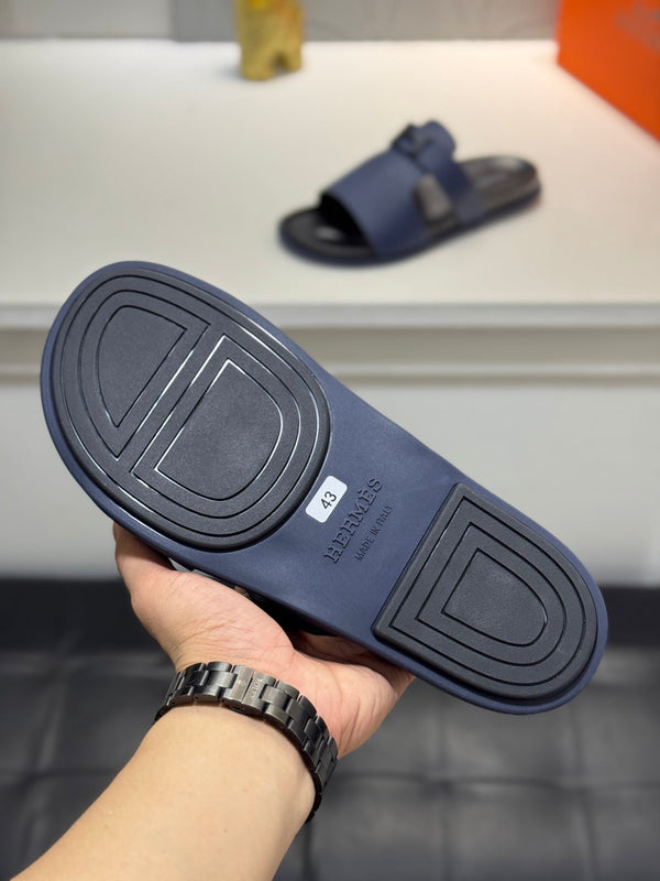 HM Oran H Noir Buckle Slippers in Navy Blue  Cowhide 735257