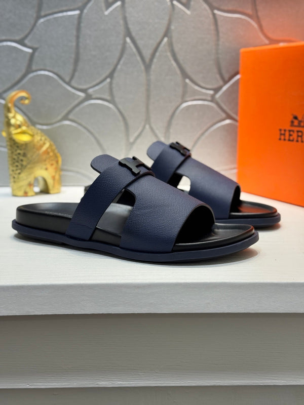 HM Oran H Noir Buckle Slippers in Navy Blue  Cowhide 735257