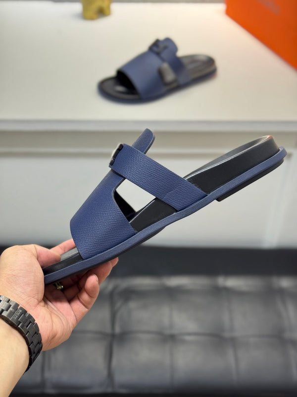 HM Oran H Noir Buckle Slippers in Navy Blue  Cowhide 735257