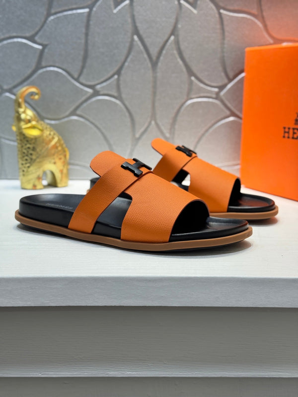 HM Oran H Noir Buckle Slippers in Orange Cowhide 735259