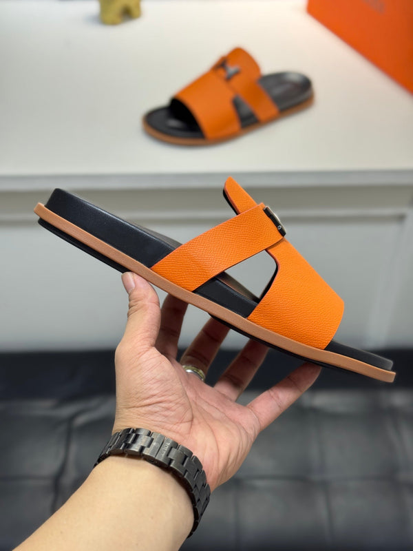 HM Oran H Noir Buckle Slippers in Orange Cowhide 735259