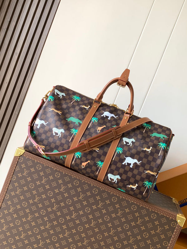 LV Keepall Bandoulière 50 Brown Animal Printed Monogram Canvas
