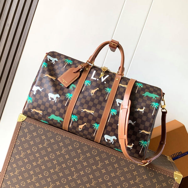 LV Keepall Bandoulière 50 Brown Animal Printed Monogram Canvas