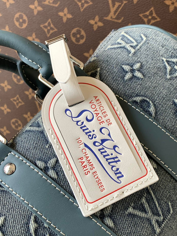 LV Keepall Bandoulière 25 Blue Monogram Washed Denim & Cowhide
