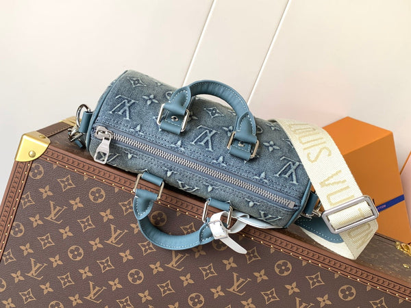 LV Keepall Bandoulière 25 Blue Monogram Washed Denim & Cowhide
