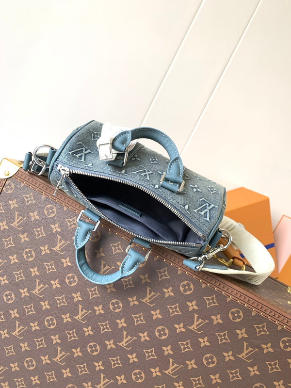 LV Keepall Bandoulière 25 Blue Monogram Washed Denim & Cowhide