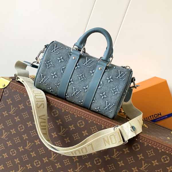 LV Keepall Bandoulière 25 Blue Monogram Washed Denim & Cowhide
