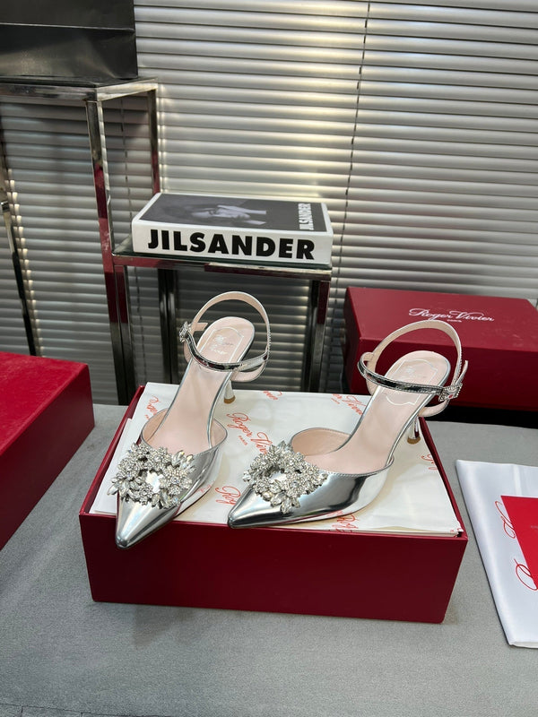 Flower Strass Buckle Slingback Pump 90 Silver