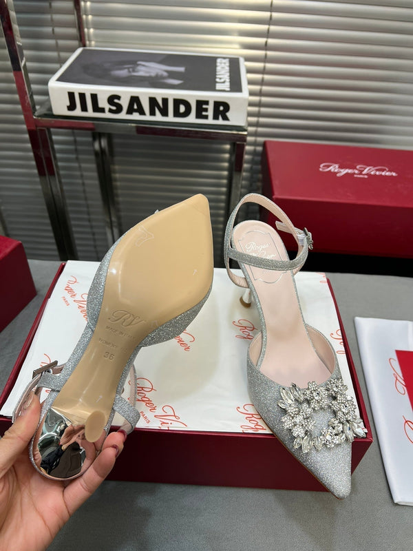 Flower Strass Buckle Slingback Pump 90 Grey Crystal Satin