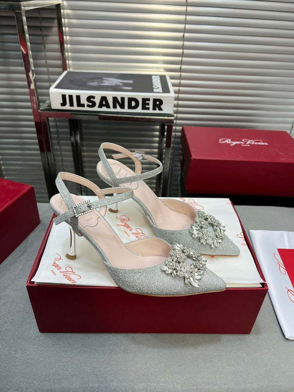 Flower Strass Buckle Slingback Pump 90 Grey Crystal Satin