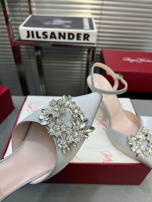 Flower Strass Buckle Slingback Pump 90 Grey Satin