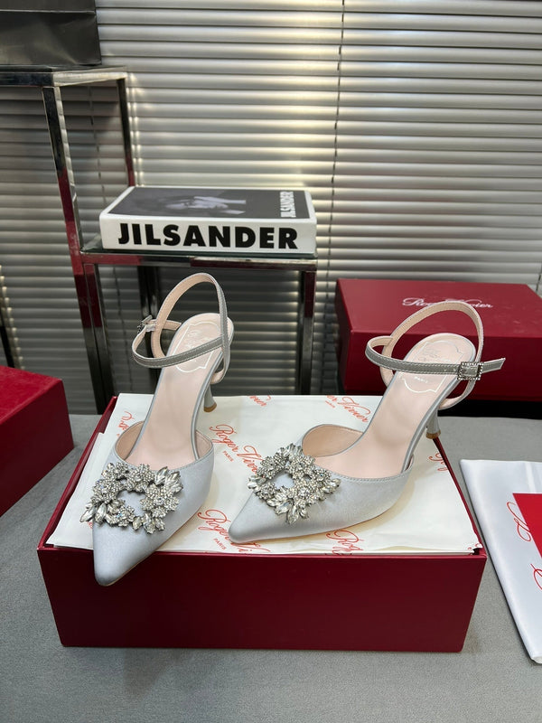 Flower Strass Buckle Slingback Pump 90 Grey Satin