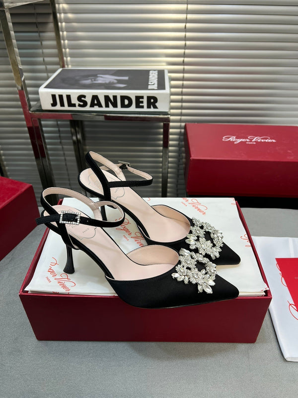 Flower Strass Buckle Slingback Pump 90 Black Satin