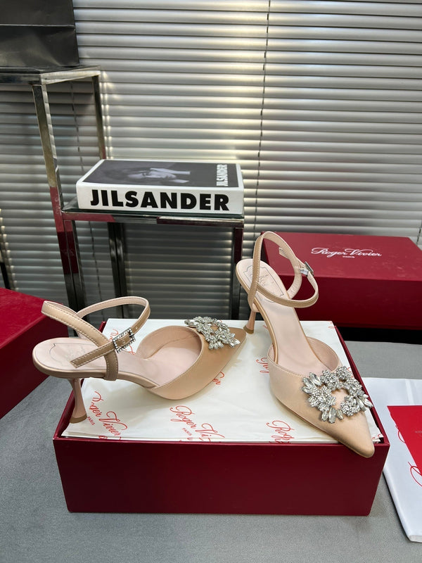 Flower Strass Buckle Slingback Pump 90 Beige Satin