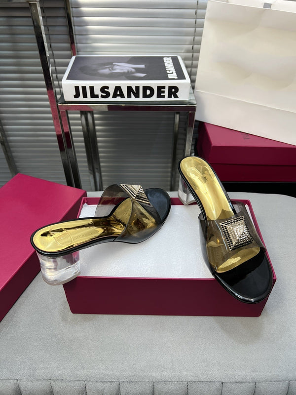 Heeled Sandals 6cm with Crystal Square Buckle Gold and Black