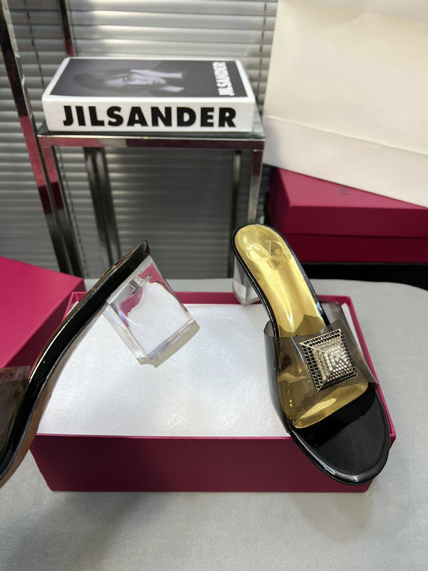 Heeled Sandals 6cm with Crystal Square Buckle Gold and Black