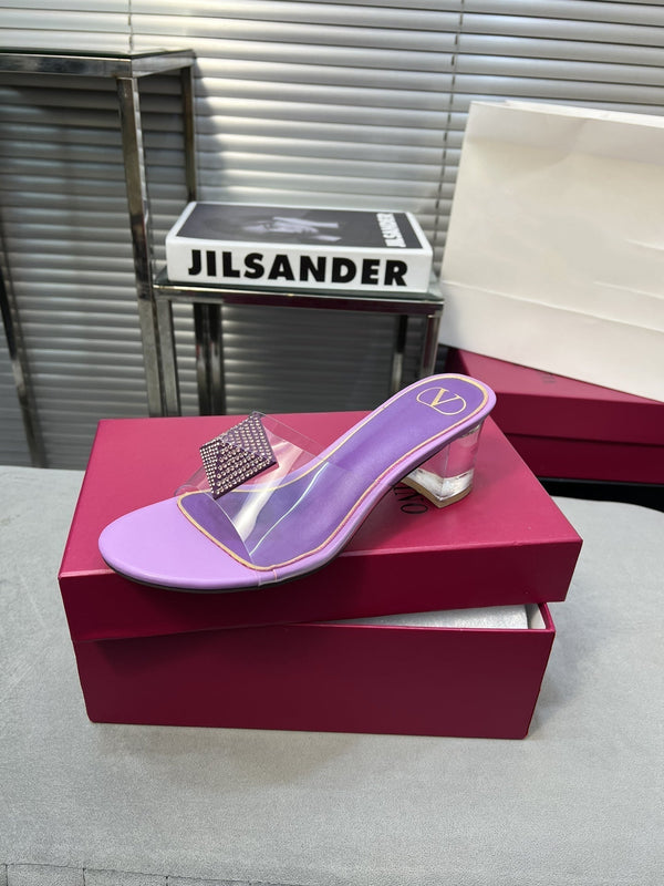 Heeled Sandals 6cm with Crystal Square Buckle Purple