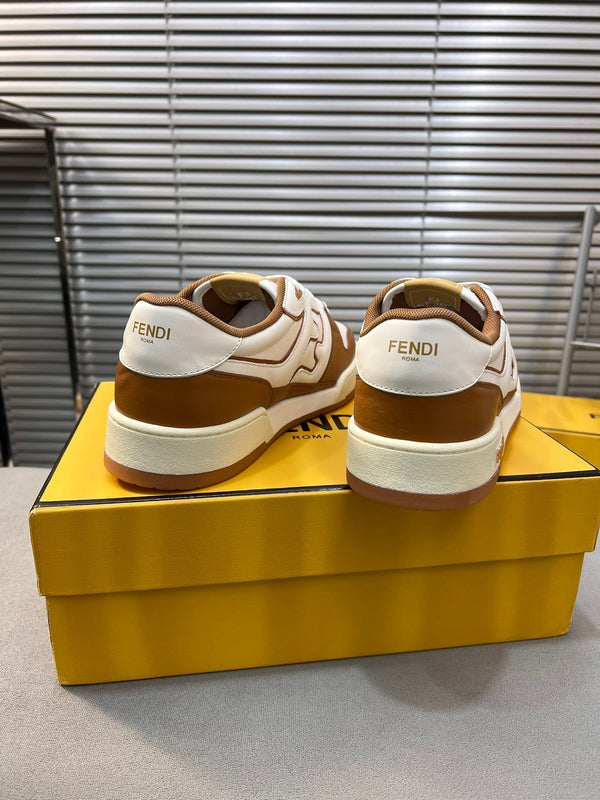 FENDI MATCH LOW TOPS IN RUSSET BROWN MIX WHITE CALFSKIN AND MESH