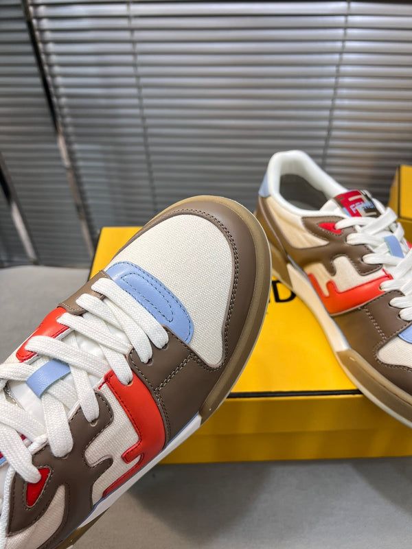 FENDI MATCH LOW TOPS IN COFFEE BROWN MIX WHITE CALFSKIN AND MESH