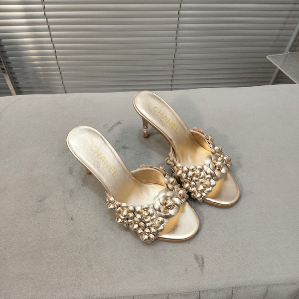 mule sandal 80 gold metalic calfskin flower