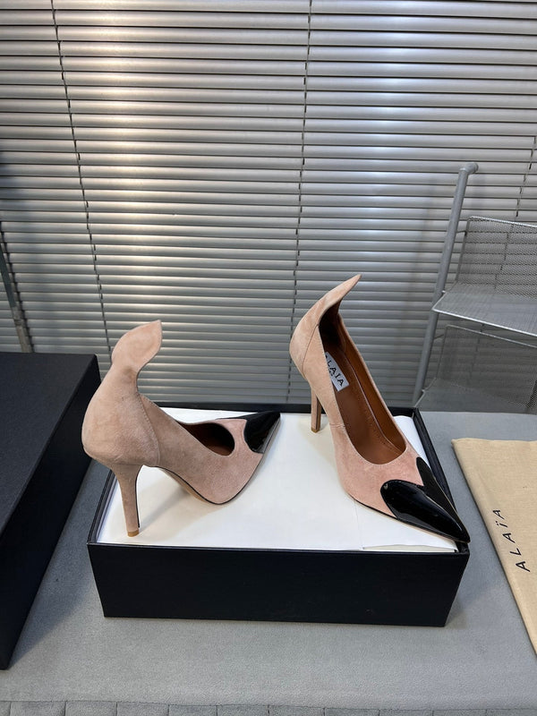 ALAIA HIGH PUMPS 10CM IN ALMOND BEIGE SUEDE MIX BLACK CALFSKIN