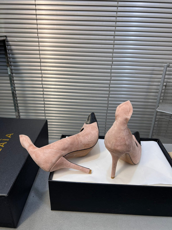 ALAIA HIGH PUMPS 10CM IN ALMOND BEIGE SUEDE MIX BLACK CALFSKIN