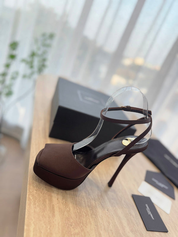 LA SCANDALE HIGH 14 CM PLATFORM SANDALS IN CHOCOLATE BROWN SATIN CREPE