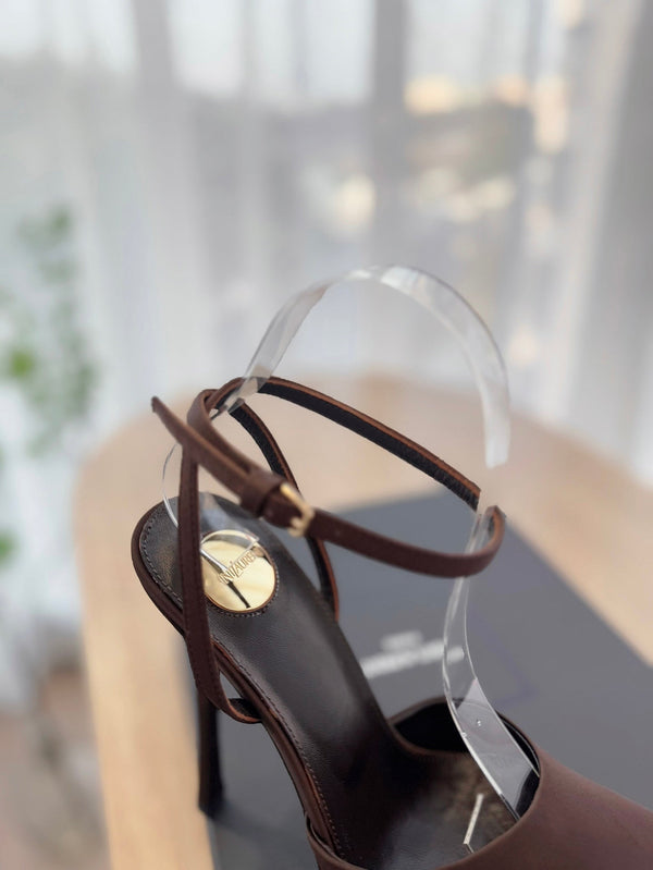 LA SCANDALE HIGH 14 CM PLATFORM SANDALS IN CHOCOLATE BROWN SATIN CREPE