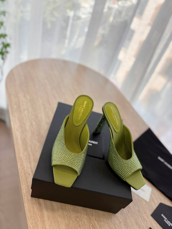 MULE BIONDA CON TACCO ALTO 10 CM IN RASO VERDE OLIVA CON STRASS