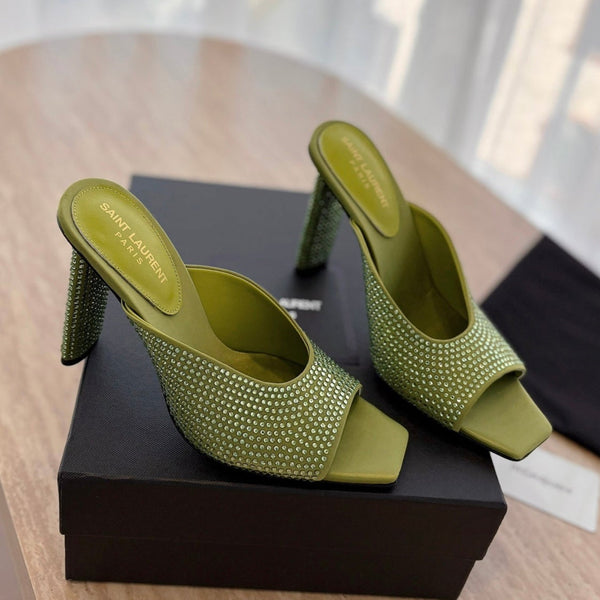 MULE BIONDA CON TACCO ALTO 10 CM IN RASO VERDE OLIVA CON STRASS