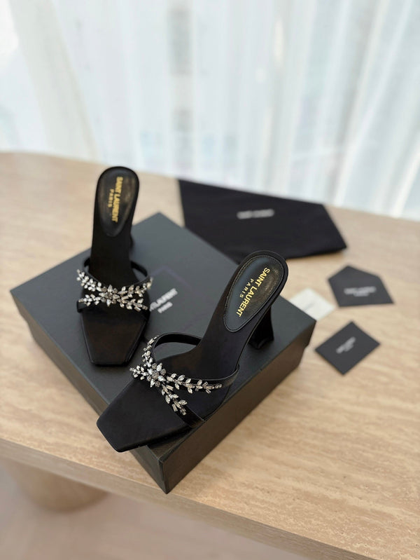 RAV HIGH HEEL 10 CM EMBELLISHED BLACK SATIN MULES