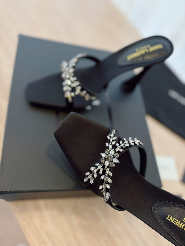 RAV HIGH HEEL 10 CM EMBELLISHED BLACK SATIN MULES