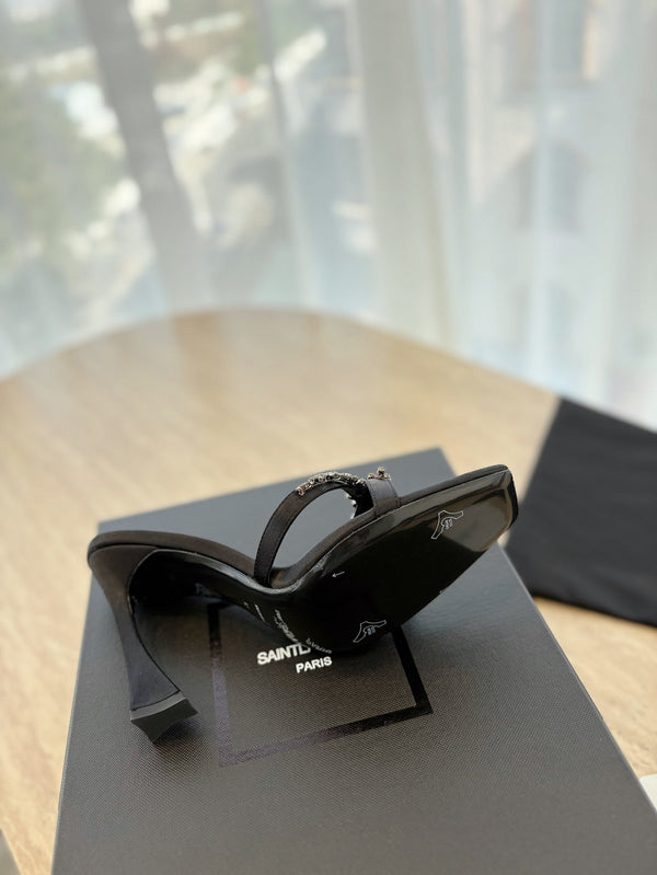 RAV HIGH HEEL 10 CM EMBELLISHED BLACK SATIN MULES