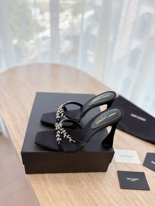 RAV HIGH HEEL 10 CM EMBELLISHED BLACK SATIN MULES