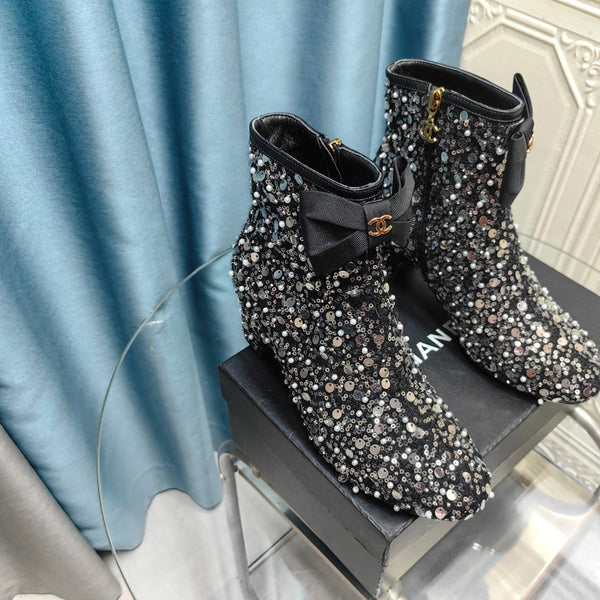 CC Ankle Boots Black Bow Tweed Sequin Beaded Fabric
