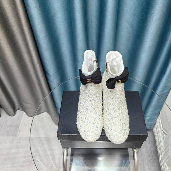 CC Ankle Boots White Bow Tweed Sequin Beaded Fabric