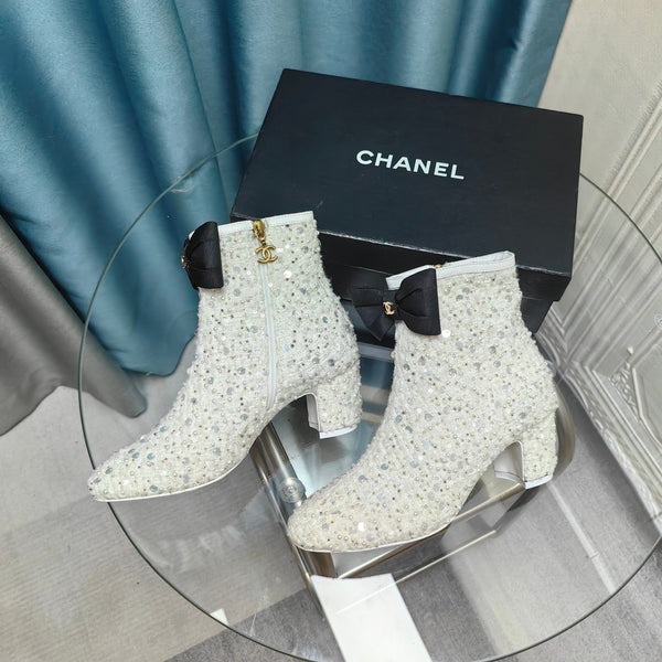 CC Ankle Boots White Bow Tweed Sequin Beaded Fabric