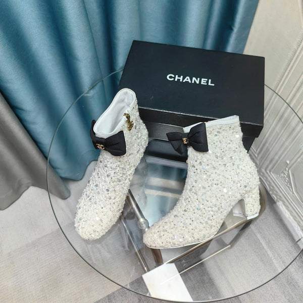 CC Ankle Boots White Bow Tweed Sequin Beaded Fabric
