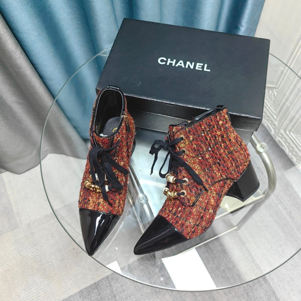 Stivaletti CC in tessuto tweed rosso-arancio e pelle di agnello