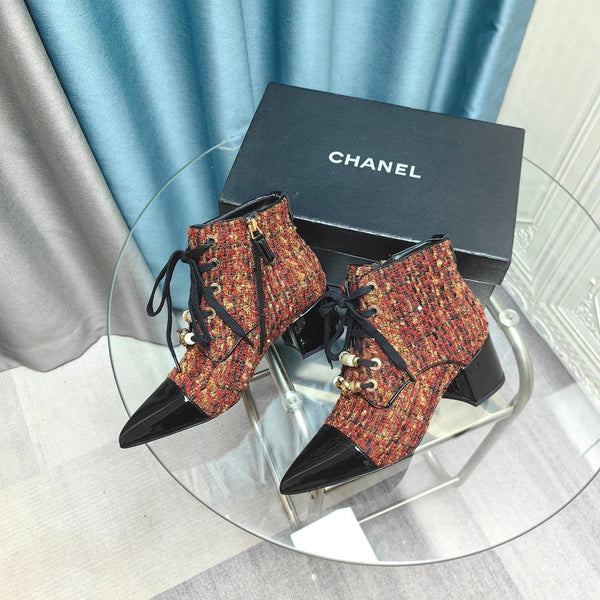 Stivaletti CC in tessuto tweed rosso-arancio e pelle di agnello