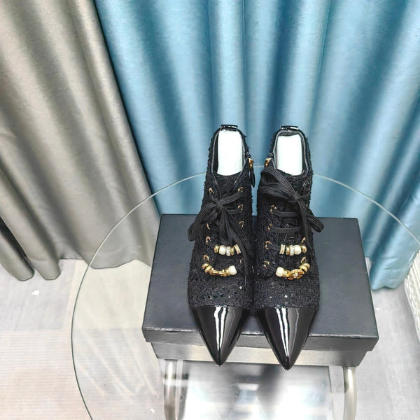 Stivaletti CC in tessuto tweed nero e pelle di agnello