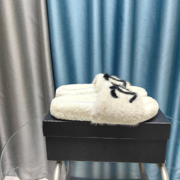 CC Slippers White Black Text Fleece Wool