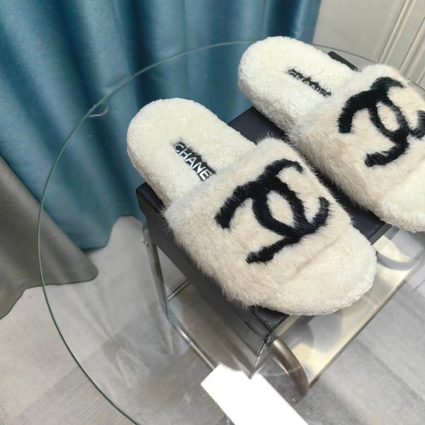 CC Slippers White Black Text Fleece Wool