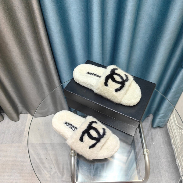 CC Slippers White Black Text Fleece Wool