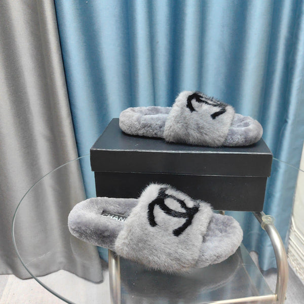 CC Slippers Grey Black Text  Fleece Wool