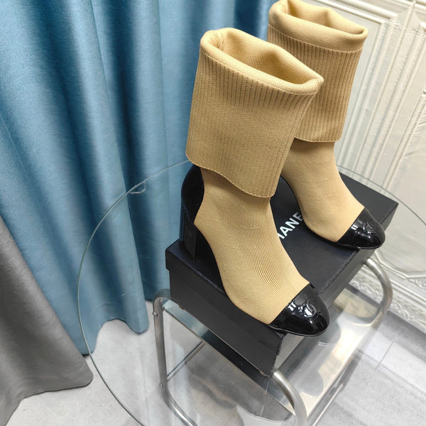 CC Short Boots 80mm Beige Wool Fabric And Lambskin