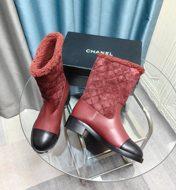 CC Short Boots Burgundy Suede Lining Wool And Lambskin