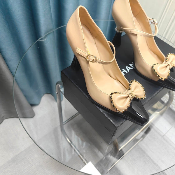 CC High Mary Janes Beige Bow Lambskin